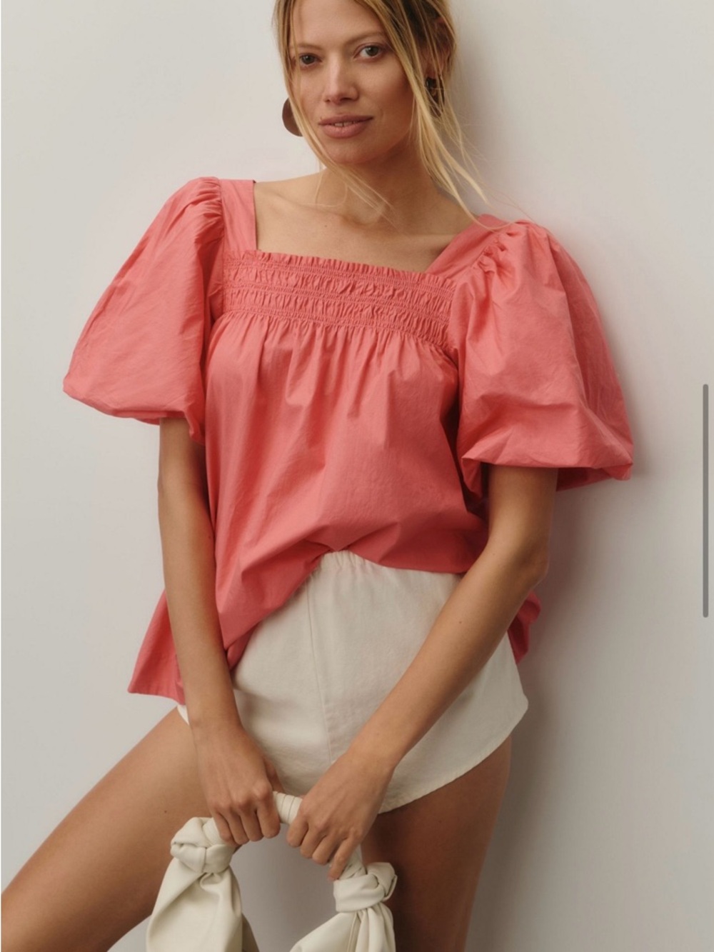 Anthropologie Puff Sleeve Smocked Square-Neck Blouse in Coral